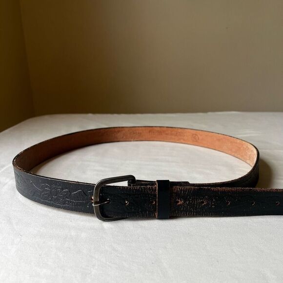 Vintage Floral Tooled Leather Belt Black Tan Silver Buckle Distressed Western 42